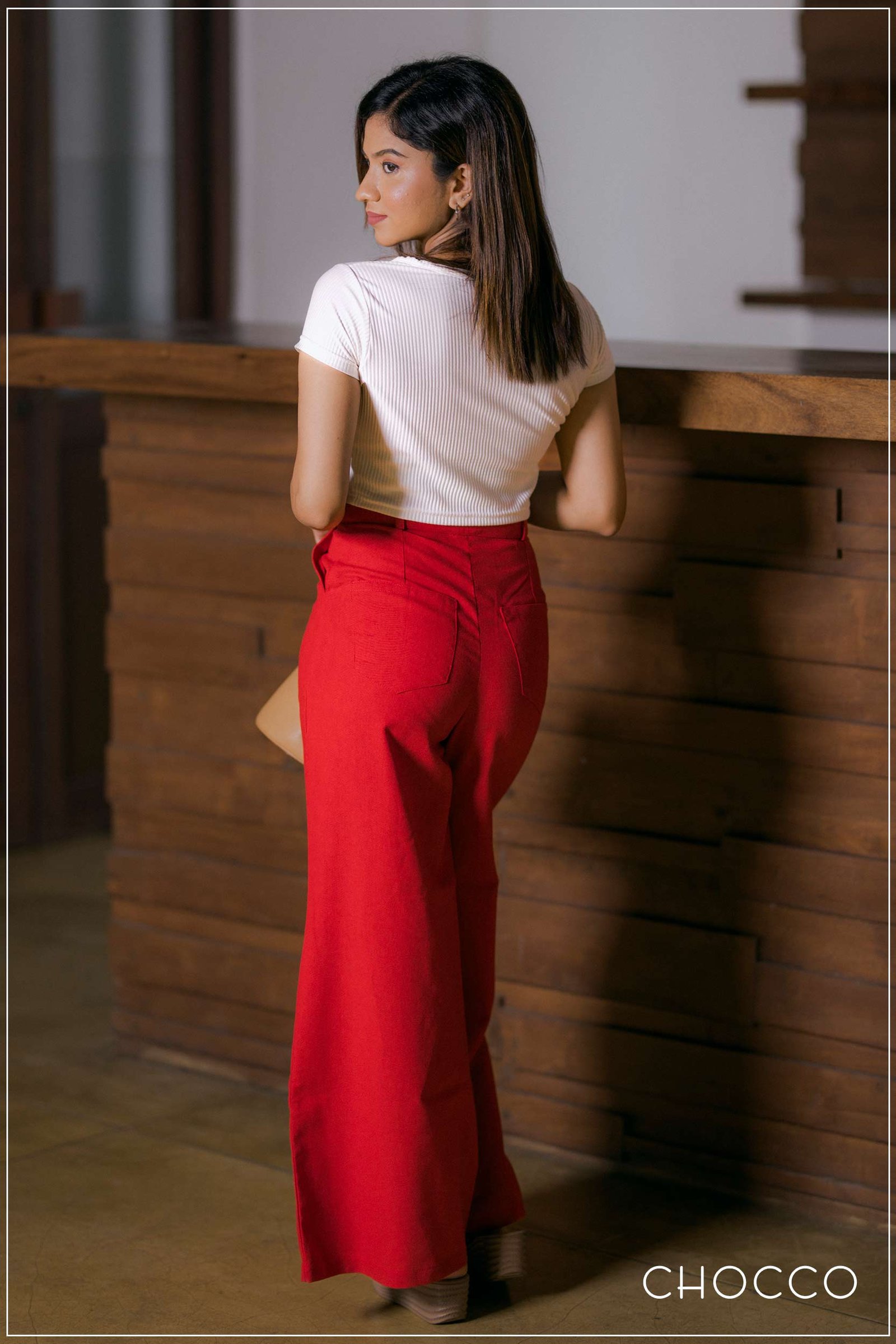 CHOCCO Iconic High Waist Wide Leg Linen Pant - True Red