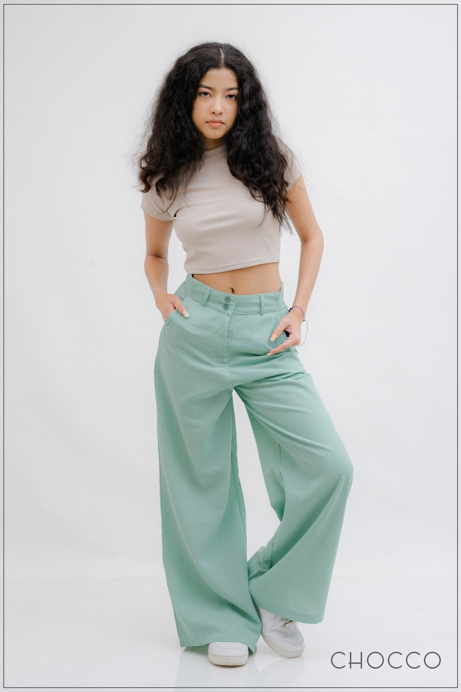 CHOCCO Iconic High Waist Wide Leg Linen Pant - Sea Green