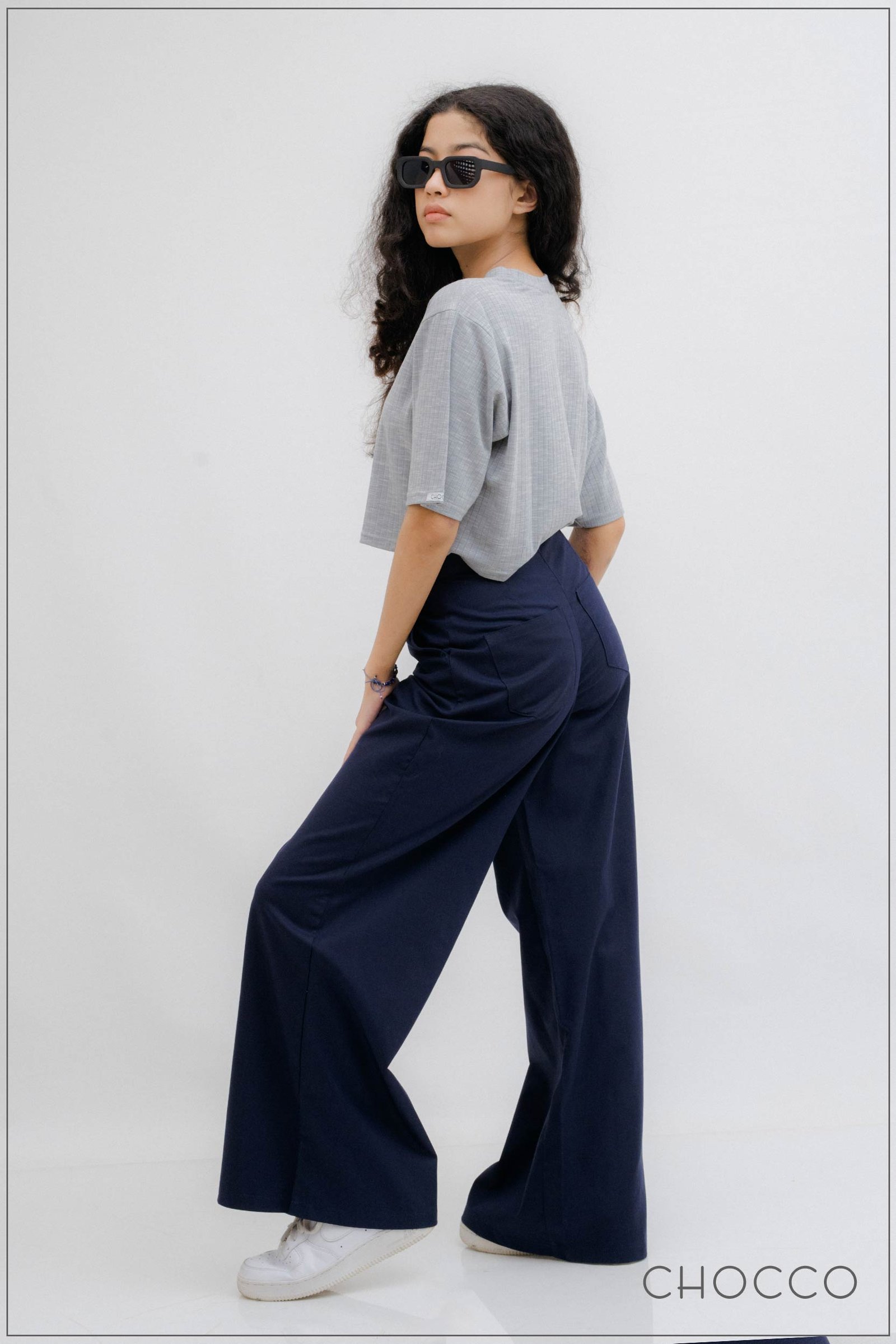 CHOCCO Iconic High Waist Wide Leg Linen Pant - Midnight Blue