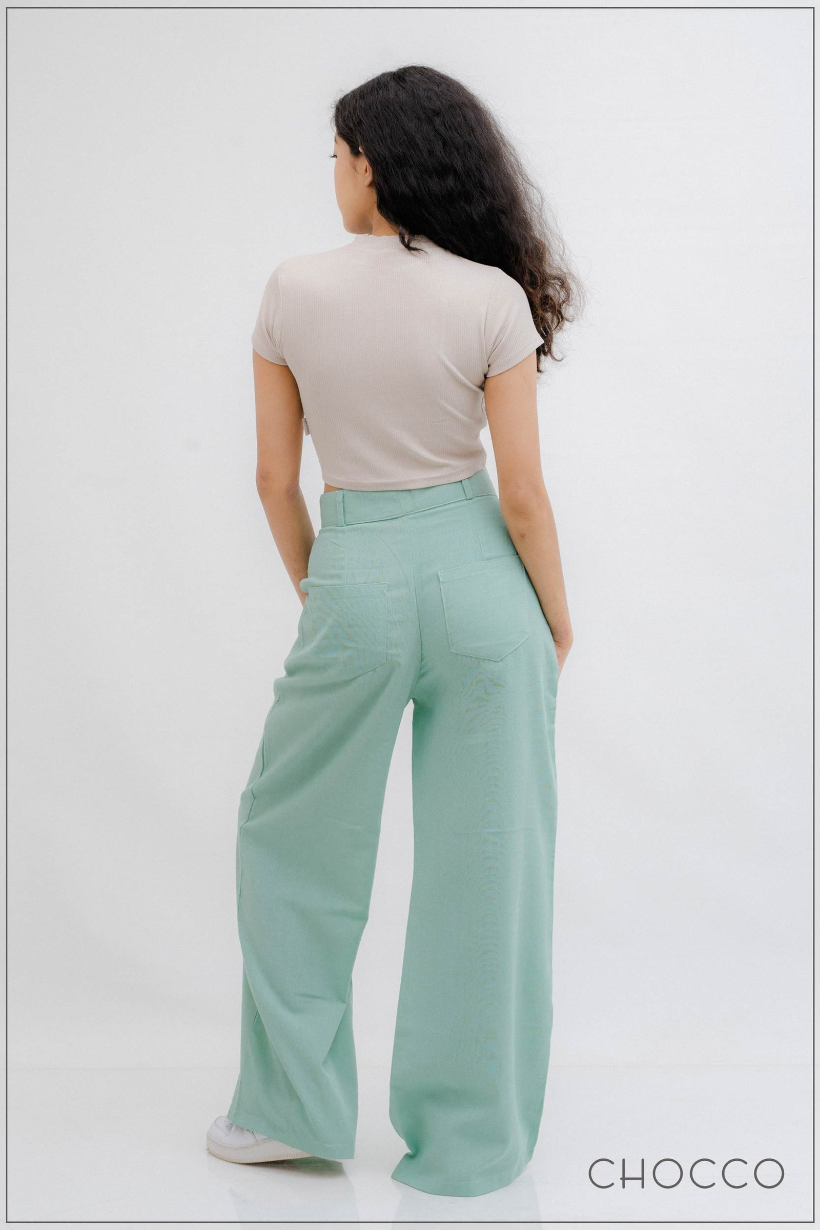 CHOCCO Iconic High Waist Wide Leg Linen Pant - Sea Green