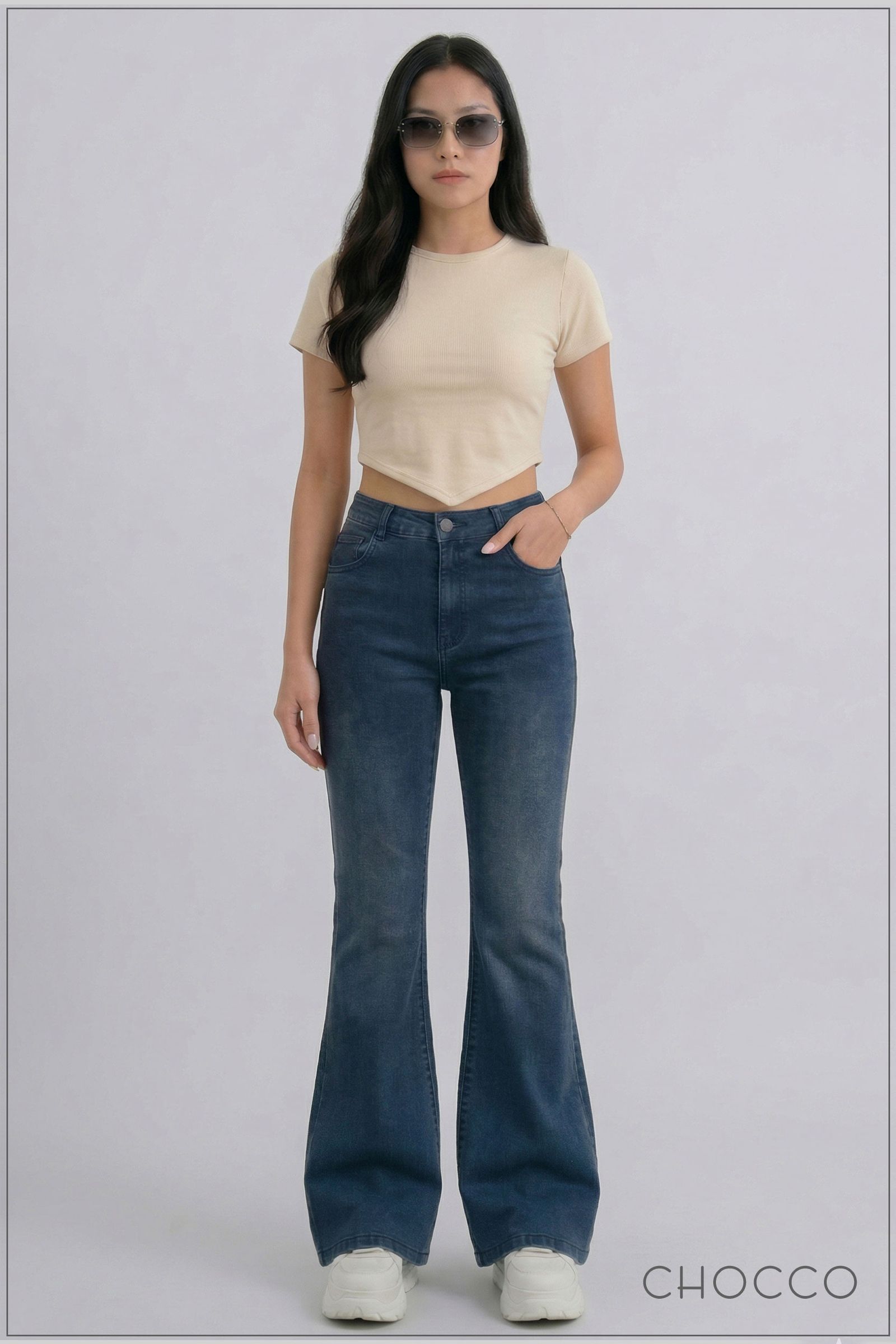 CHOCCO Premium 70s Mid Waist Flare Jean – Dark Washed
