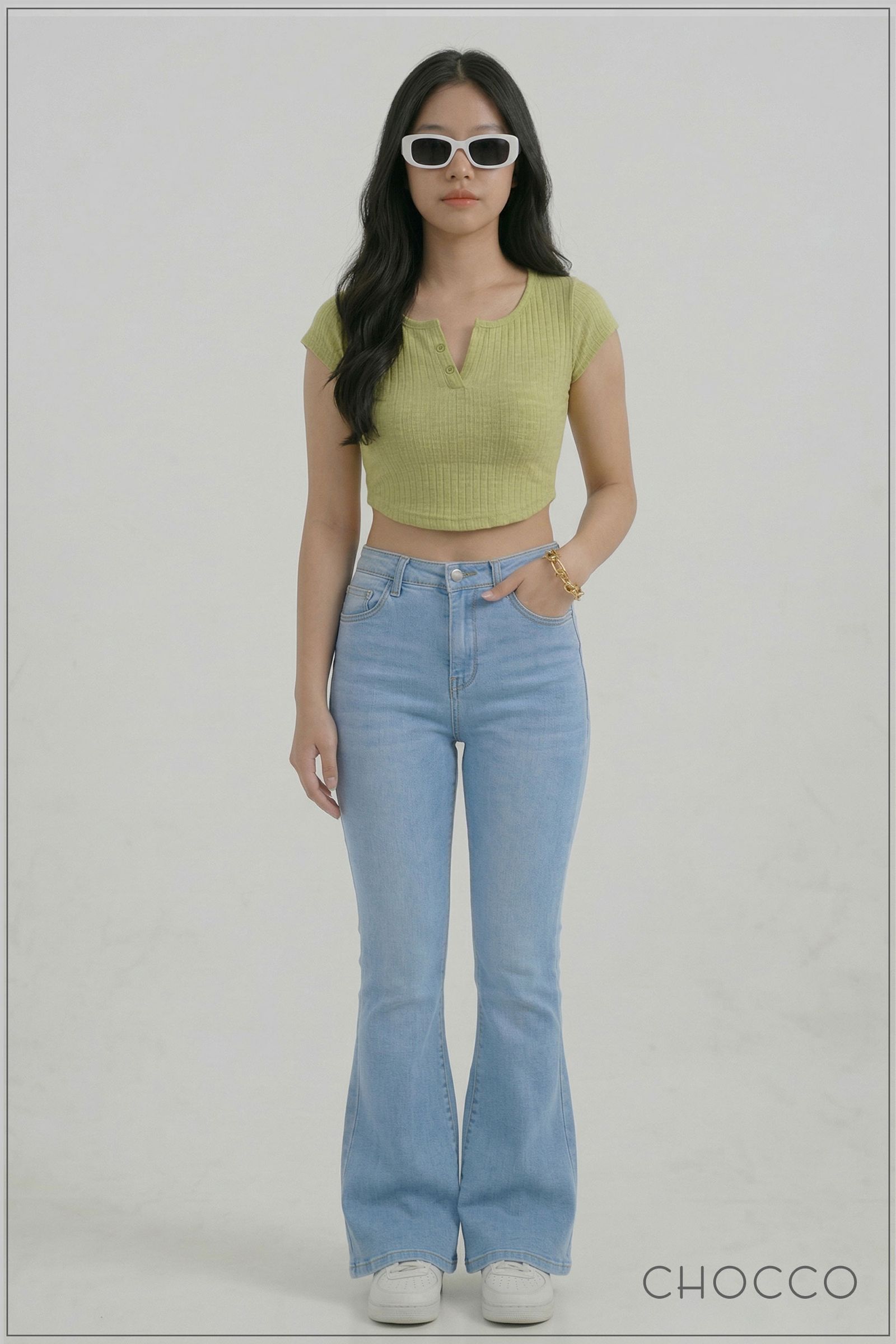 CHOCCO Premium 70s Mid Waist Flare Jean – Light Washed